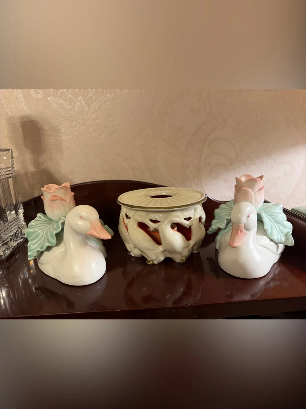 Set of 3 candle holders Duck Figurine with Pink Flowers